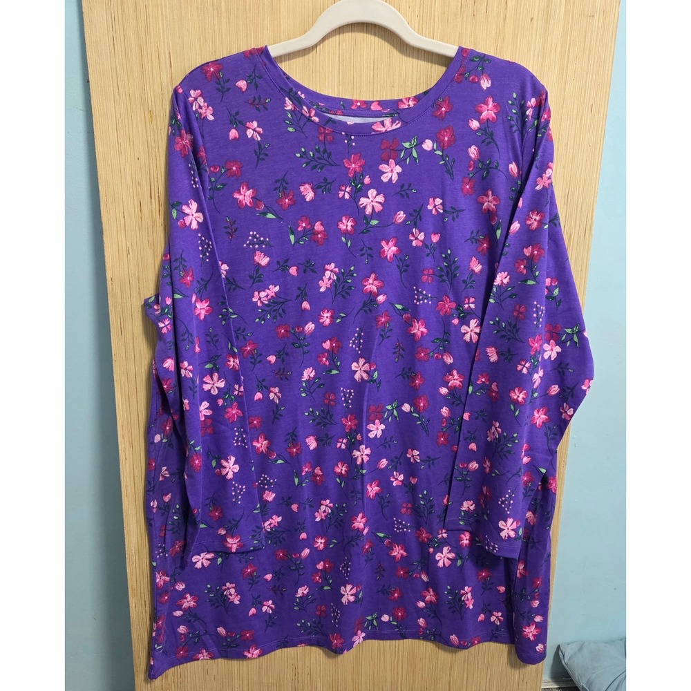 Woman Within Sz L 18/20‎ Ladies Purple Floral Long Sleeve Top Shirt Flowers
